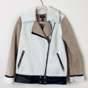 AQUA Faux Shearling Moto Jacket Beige White Black size XS